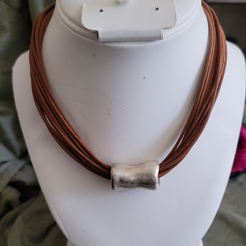 Brown Leather with 925 Silver Sliding Pendant Necklace